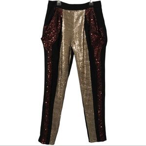 LINE & DOT Sequin Trousers Pants Red Gold & Black Size Small EUC